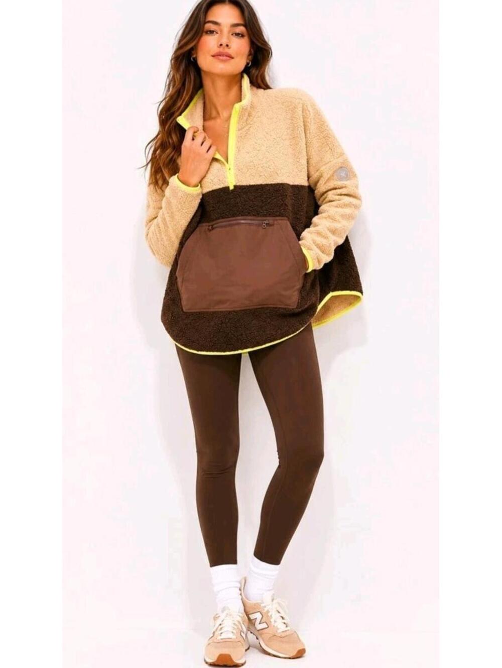 Tnuck Sport Brown Fleece Cady 1/4 Zip Ladies S/XS Outwear Oversized $168 NWT #W3